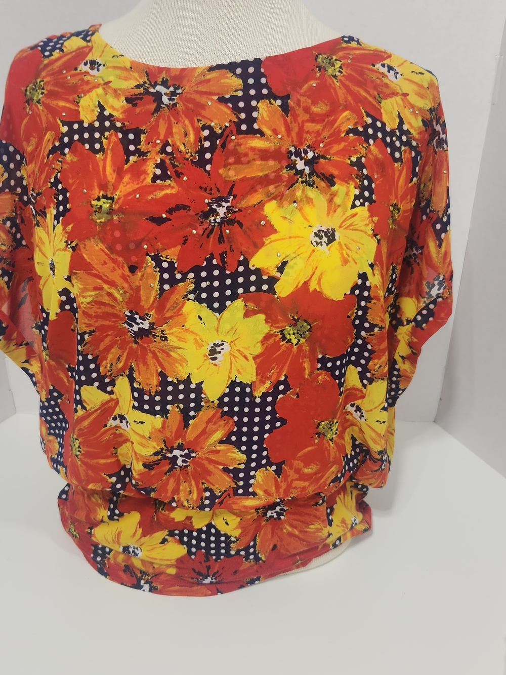 Joseph Abboud Bright Floral Short Sleeve Blouse in Red, Yellow & Navy